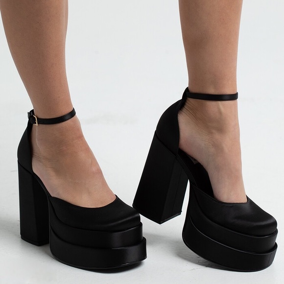 Steve Madden Charlize Satin Platform Heels with Ankle Strap in Black - Picture 2 of 11